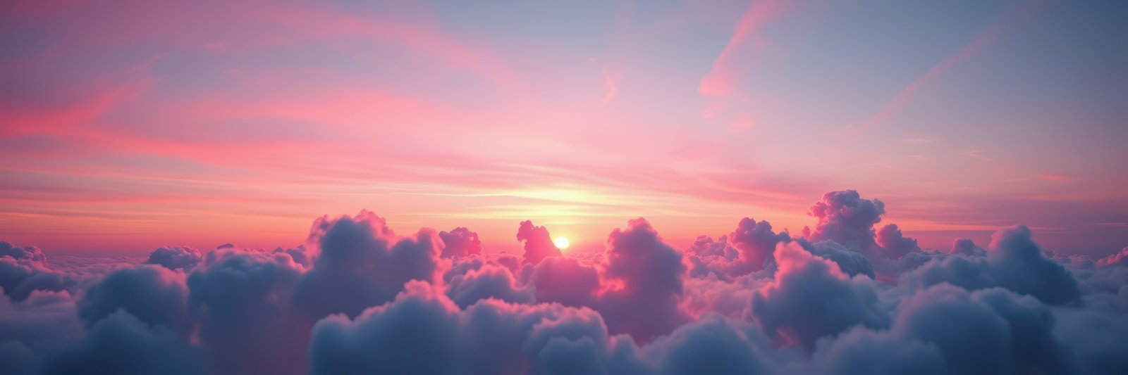 Pink and purple light from the setting sun illuminates a vast expanse of clouds